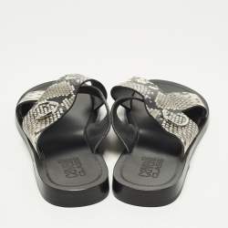 Pre Owned Roberto Cavalli Size 42 Two Tone Python Embossed Leather Criss-Cross Flat Slide