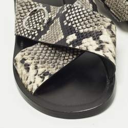 Pre Owned Roberto Cavalli Size 42 Two Tone Python Embossed Leather Criss-Cross Flat Slide