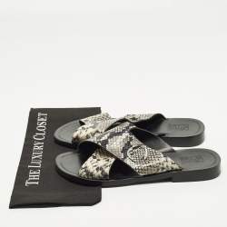 Pre Owned Roberto Cavalli Size 42 Two Tone Python Embossed Leather Criss-Cross Flat Slide