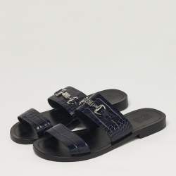 مملوكة مسبقًا Roberto Cavalli Size 42 Navy Blue Croc Embossed Leather Horsebit Flat Slide