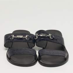 مملوكة مسبقًا Roberto Cavalli Size 42 Navy Blue Croc Embossed Leather Horsebit Flat Slide