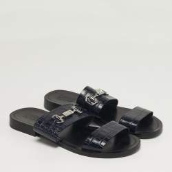 مملوكة مسبقًا Roberto Cavalli Size 42 Navy Blue Croc Embossed Leather Horsebit Flat Slide