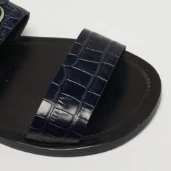 مملوكة مسبقًا Roberto Cavalli Size 42 Navy Blue Croc Embossed Leather Horsebit Flat Slide