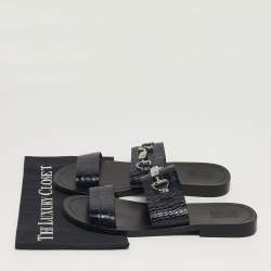 مملوكة مسبقًا Roberto Cavalli Size 42 Navy Blue Croc Embossed Leather Horsebit Flat Slide