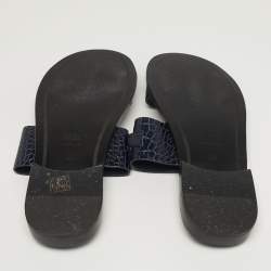 مملوكة مسبقًا Roberto Cavalli Size 42 Navy Blue Croc Embossed Leather Horsebit Flat Slide