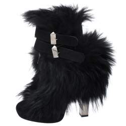 Pre Owned Roberto Cavalli Black Suede And Fur Trim Ankle Boots Size 38