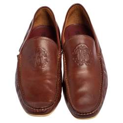 Pre Owned Roberto Cavalli Brown Leather Logo Embossed Slip On Loafers Size 41