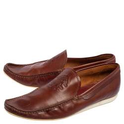 Pre Owned Roberto Cavalli Brown Leather Logo Embossed Slip On Loafers Size 41