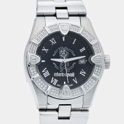 Pre Owned Roberto Cavalli Black Stainless Steel Diamond Time R7253116525 Men's Wristwatch 41 mm