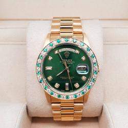 Rolex Custom Green  Diamonds 18K Yellow Gold Emeralds President Day-Date 18238 Automatic Men's Wristwatch 36mm