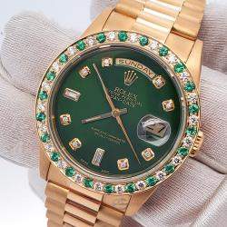 Rolex Custom Green  Diamonds 18K Yellow Gold Emeralds President Day-Date 18238 Automatic Men's Wristwatch 36mm