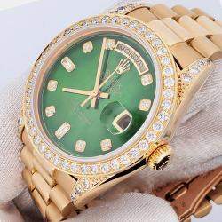 Rolex Custom Green  Diamonds 18k Yellow Gold President Day-Date   Automatic Men's Wristwatch 36mm