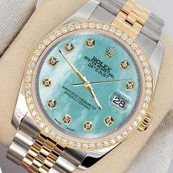 Rolex Custom Aqua Blue 1.1ct Diamonds 18K Yellow Gold Stainless Steel Datejust  Automatic Men's Wristwatch 36mm