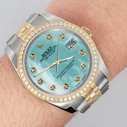 Rolex Custom Aqua Blue 1.1ct Diamonds 18K Yellow Gold Stainless Steel Datejust  Automatic Men's Wristwatch 36mm