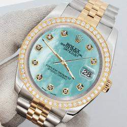 Rolex Custom Aqua Blue 1.1ct Diamonds 18K Yellow Gold Stainless Steel Datejust  Automatic Men's Wristwatch 36mm