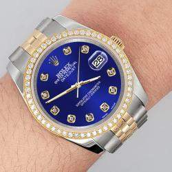 Rolex Custom Royal Blue 1.1ct Diamonds 18K Yellow Gold Stainless Steel Datejust  Automatic Men's Wristwatch 36mm