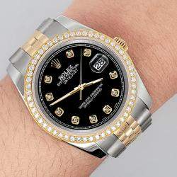 Rolex Custom Black 1.1ct Diamonds 18K Yellow Gold Stainless Steel Datejust  Automatic Men's Wristwatch 36mm
