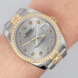 Rolex Custom Silver 1.1ct Diamonds 18K Yellow Gold Stainless Steel Datejust  Automatic Men's Wristwatch 36mm