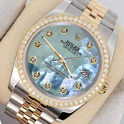 Rolex Custom Tahitian Blue 1.1ct Diamonds 18K Yellow Gold Stainless Steel Datejust  Automatic Men's Wristwatch 36mm
