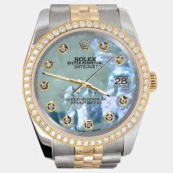 Rolex Custom Tahitian Blue 1.1ct Diamonds 18K Yellow Gold Stainless Steel Datejust  Automatic Men's Wristwatch 36mm