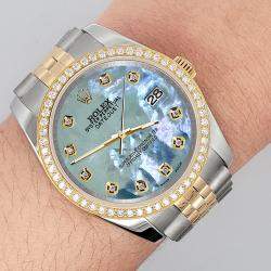 Rolex Custom Tahitian Blue 1.1ct Diamonds 18K Yellow Gold Stainless Steel Datejust  Automatic Men's Wristwatch 36mm