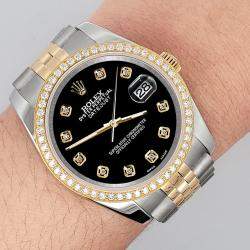 Rolex Custom Black 1.1ct Diamonds 18K Yellow Gold Stainless Steel Datejust  Automatic Men's Wristwatch 36mm