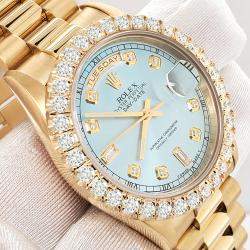 Rolex Custom Ice Blue  Diamonds 18K Yellow Gold President Day-Date 18238 Automatic Men's Wristwatch 36mm
