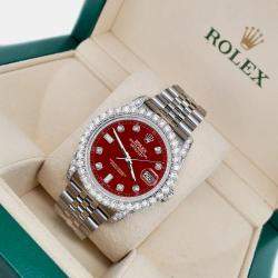 Rolex Custom Imperial Red 4CT Diamond Stainless Steel Datejust 116200 Automatic Men's Wristwatch 36mm