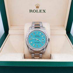 Rolex Custom Turquoise 10.65CT Diamond Stainless Steel Datejust II 116300 Automatic Men's Wristwatch 41 mm