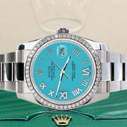 Rolex Custom Turquoise Diamond Stainless Steel Datejust 116200 Automatic Men's Wristwatch 36 mm