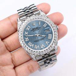 Rolex Custom Ice Blue 5.9CT Diamond Stainless Steel Datejust 126300 Automatic Men's Wristwatch 41 mm
