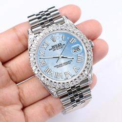 Rolex Custom Blue 5.9CT Diamond Stainless Steel Datejust 126300 Automatic Men's Wristwatch 41 mm