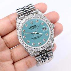 Rolex Custom Turquoise 5.9CT Diamond Stainless Steel Datejust 126300 Automatic Men's Wristwatch 41 mm