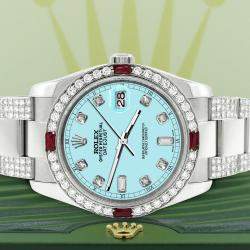 Rolex Custom Aqua Blue 4.5CT Diamond Stainless Steel Datejust 116200 Automatic Men's Wristwatch 36 mm