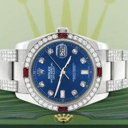 Rolex Custom Cobalt Blue 4.5CT Diamond Stainless Steel Datejust 116200 Automatic Men's Wristwatch 36 mm
