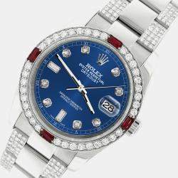 Rolex Custom Cobalt Blue 4.5CT Diamond Stainless Steel Datejust 116200 Automatic Men's Wristwatch 36 mm