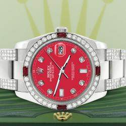 Rolex Custom Scarlet Red 4.5CT Diamond Stainless Steel Datejust 116200 Automatic Men's Wristwatch 36 mm