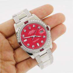 Rolex Custom Scarlet Red 4.5CT Diamond Stainless Steel Datejust 116200 Automatic Men's Wristwatch 36 mm