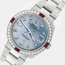 Rolex Custom Sky Blue MOP 4.5CT Diamond Stainless Steel Datejust 116200 Automatic Men's Wristwatch 36 mm
