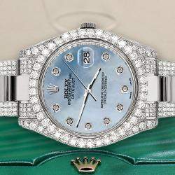 Rolex Custom Sky Blue MOP 10.3ct Diamond Stainless Steel Datejust II 116300 Automatic Men's Wristwatch 41 mm