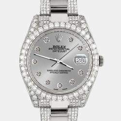 Rolex Custom Silver 10.3ct Diamond Stainless Steel Datejust II 116300 Automatic Men's Wristwatch 41 mm