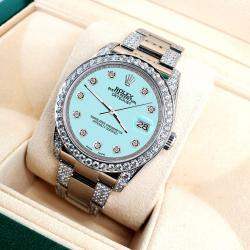 Rolex Custom Aqua Blue 5.9CT Diamond Stainless Steel Datejust 116200 Automatic Men's Wristwatch 36 mm