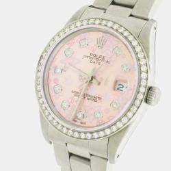 Rolex Customised Pink Diamond Stainless Steel Date  Automatic Men's Wristwatch 34mm