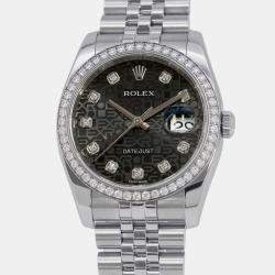 Rolex Black Diamond 18k White Gold Stainless Steel Datejust Automatic Men's Wristwatch 36 mm