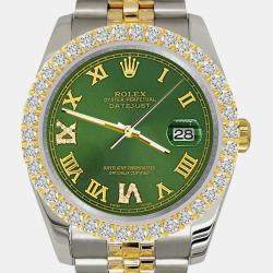 Rolex Custom Green 3.05ct Stainless Steel Yellow Gold Datejust  Automatic Men's Wristwatch 36mm