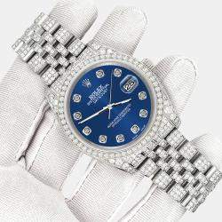 Rolex Custom Cobalt Blue 10.2ct Diamonds Stainless Steel Datejust 116200 Automatic Men's Wristwatch 36mm