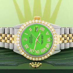 Rolex Custom Green 3.10ct Diamond 18k Yellow Gold Stainless Steel Datejust Automatic Men's Wristwatch 36 mm