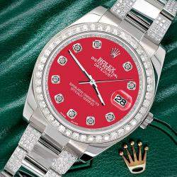Rolex Custom Scarlet Red 5ct Diamond Stainless Steel Datejust II 116300 Automatic Men's Wristwatch 41 mm