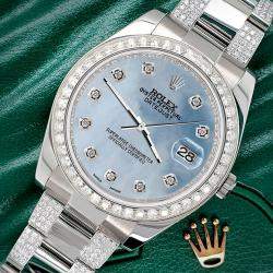 Rolex Custom Sky Blue MOP 5ct Diamond Stainless Steel Datejust II 116300 Automatic Men's Wristwatch 41 mm