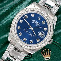 Rolex Custom Cobalt Blue 5ct Diamond Stainless Steel Datejust II 116300 Automatic Men's Wristwatch 41 mm